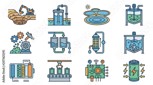 Industrial process icons set for manufacturing and production.