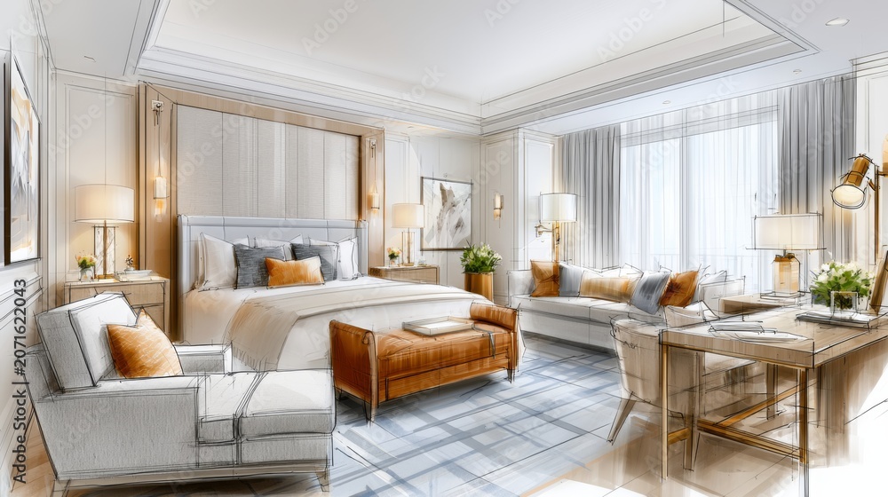 Fototapeta premium Luxury hotel bedroom sketch showing elegant design with warm colors and detailed interior style in an upscale location