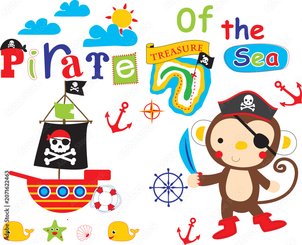 Fototapeta premium Funny cartoon monkey wearing a pirate hat holding a spyglass, nautical sailing adventure vector for boys t-shirt