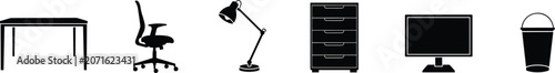 Fotografie Office workspace furniture and desk accessories silhouette vector icon set conta