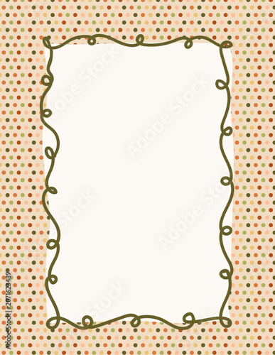 decorative vintage autumn card with hand drawn doodle frame on polka dots pattern in pastel earth tones for invitations, scrapbooking, labels, greeting cards, stationery design