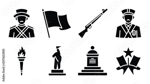 Set of black military soldier icons with historical uniforms weapons flags and monuments.