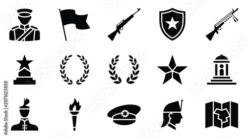 Fotografija Military and patriotic themed icons including soldiers flags rifles shields and statues
