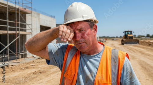Construction worker wipe sweat under heat and high summer temperature show el nino effect at dusty building site. Degree warming forecast. measurement global meteorology, thermometer extreme sun
