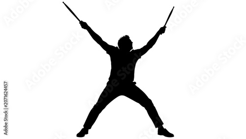 Black silhouette of a person leaping with arms raised triumphantly.