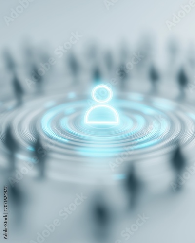 Glowing human icon centered in digital ripple rings representing networking and connectivity