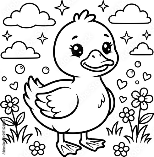 Cute cartoon duckling in a field with flowers and clouds smiling sweetly outdoors