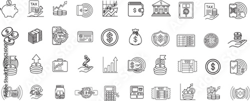 Retirement money, Financial and business line art icon set representing concepts of saving money, profit growth, Pension fund, investment growth, piggy bank, finance budget.