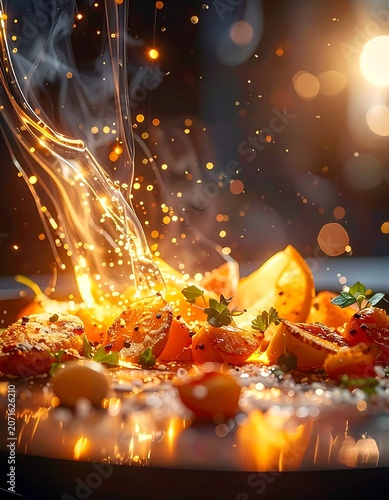 Flaming food on a plate with sparks.