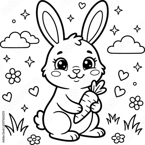 Cute cartoon rabbit holding carrot in grass with clouds and hearts around  adorable animal