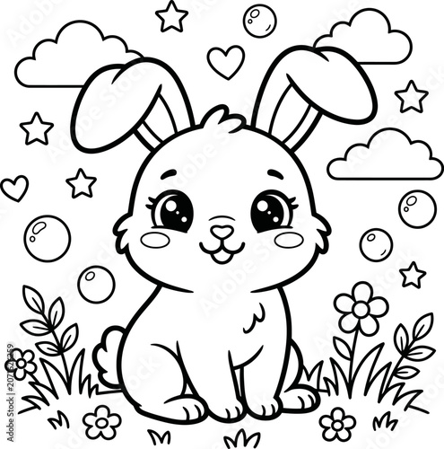 Cute cartoon rabbit sitting in grass with flowers and clouds  adorable animal illustration