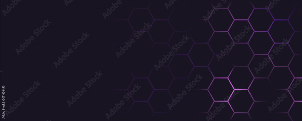 Fototapeta premium abstract technology background with purple colored bright flashes under hexagon. Hexagonal gaming vector abstract tech background.