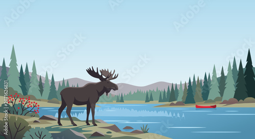 Bild auf Leinwand Moose Standing by a Serene Mountain Lake Vector Illustration of Wildlife in a Pe