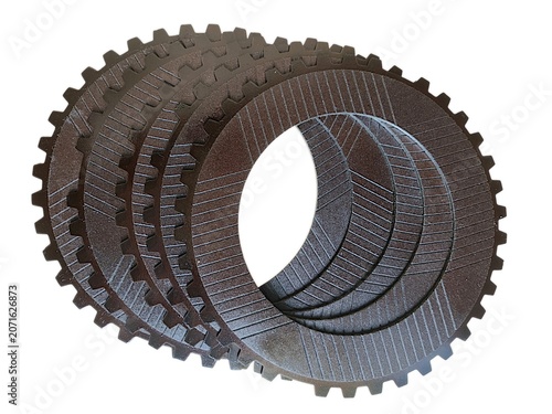 Quadro su tela A stack of automotive internal friction clutch discs with splined outer teeth for automatic transmission rebuilding isolated on white background