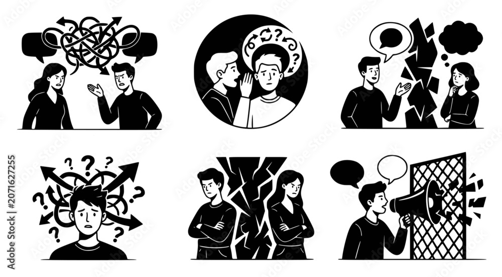Fototapeta premium Collection of six black and white vector illustrations showing interpersonal relationship conflicts and communication barriers between people in daily life