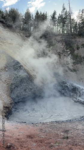 Mud Volcano and boiling mud from the Mud Volcano Trail in Yellowstone
