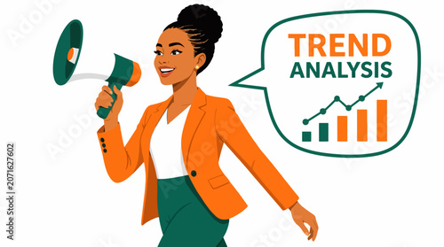 Woman with megaphone announcing trend analysis results.