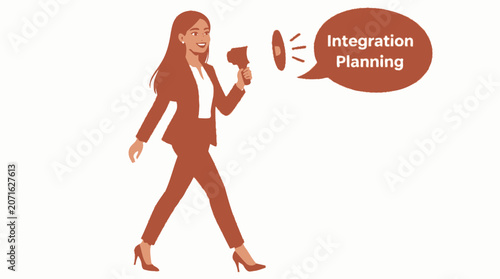 Businesswoman holding megaphone for integration planning concept.