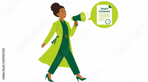 Confident woman in green suit holding megaphone and document.