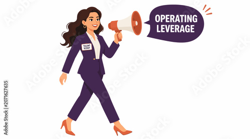 Businesswoman using megaphone for operating leverage concept.