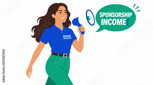 Woman holding megaphone with sponsorship income text.