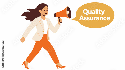 Woman holding megaphone promoting quality assurance concept.