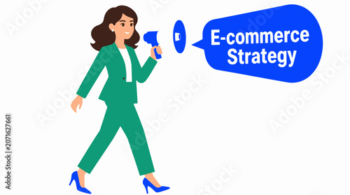 Businesswoman announcing ecommerce strategy with megaphone.
