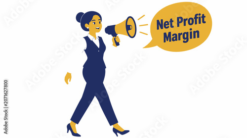 Businesswoman announcing net profit margin with megaphone.