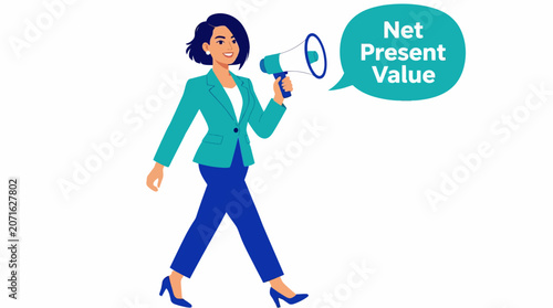 Businesswoman holding megaphone with net present value text.