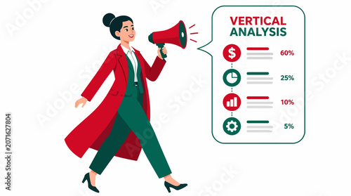 Businesswoman with megaphone and vertical analysis chart.