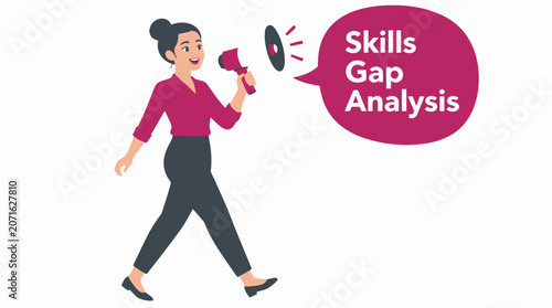 Woman with megaphone announcing skills gap analysis.