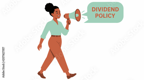 Woman holding megaphone with dividend policy text.
