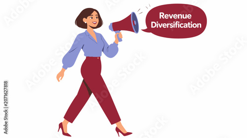 Woman holding megaphone for revenue diversification concept.