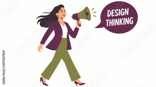 Woman with megaphone promoting design thinking concept.
