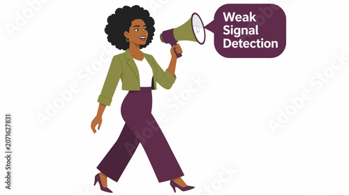 Woman holding megaphone for weak signal detection concept.