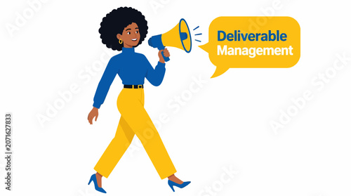 Confident woman holding megaphone for announcement.