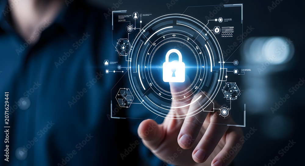 Obraz premium Digital Security Lock Symbol Cybersecurity Concept Touch Screen