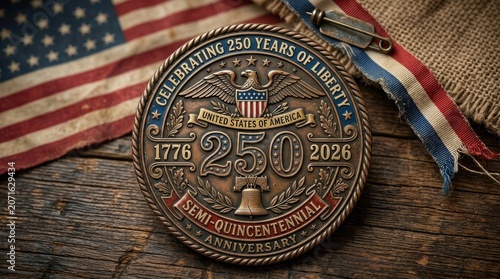 Commemorative medal celebrating 250 years of american liberty on wooden table