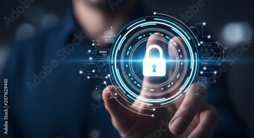 Man Touching Futuristic Digital Security Lock Interface
