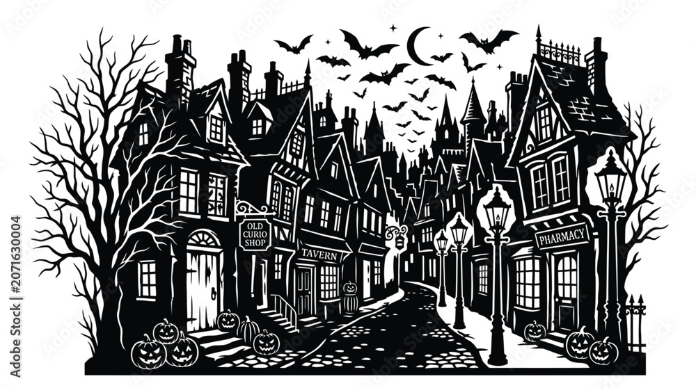 Naklejka premium Detailed black and white vector illustration of a spooky gothic village street featuring dark crooked buildings carved jack o lanterns and silhouettes of flying bats under a glowing crescent moon