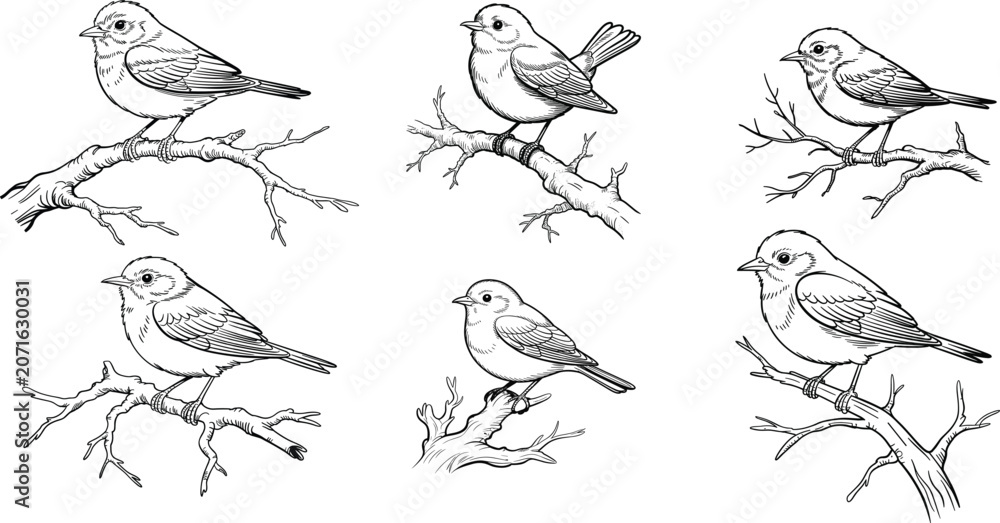 Fototapeta premium Collection of vintage hand drawn bird sketches with small songbirds perched on tree branches isolated on white background.