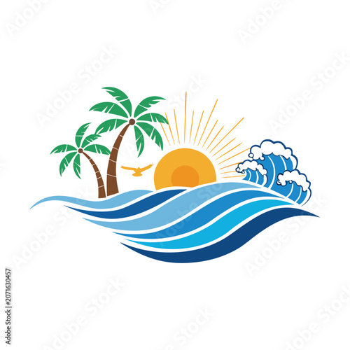PrintTropical Beach Paradise Logo with Ocean Waves Palm Trees and Radiant Summer Sun Vector Design
