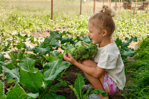 A child picks fresh broccoli from a garden while sitting among green plants. The sun shines over the garden, showing the plants' growth and freshness