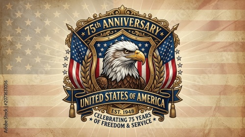 Vintage 75th anniversary united states of america emblem with eagle and flags