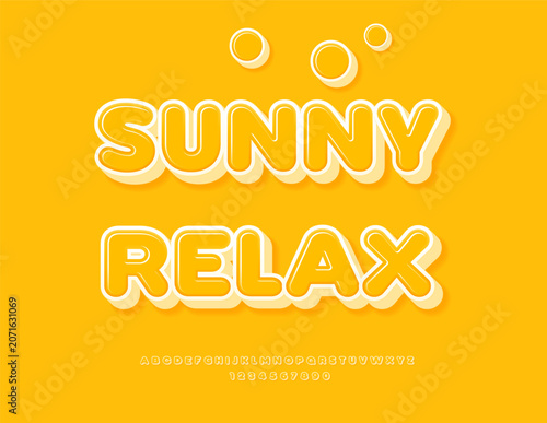 Vector Summer emblem Sunny Relax. Cute Rounded Font. Yellow Glossy Letters and Numbers set.