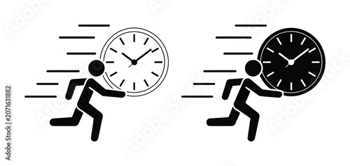 Foto Deadline concept human running rushed businessman with clock symbol for time man