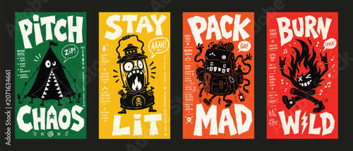 Four funny camping monster posters with tent lantern backpack and campfire characters in retro style