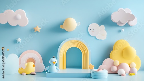 Pastel colored nursery scene with rainbow and toys