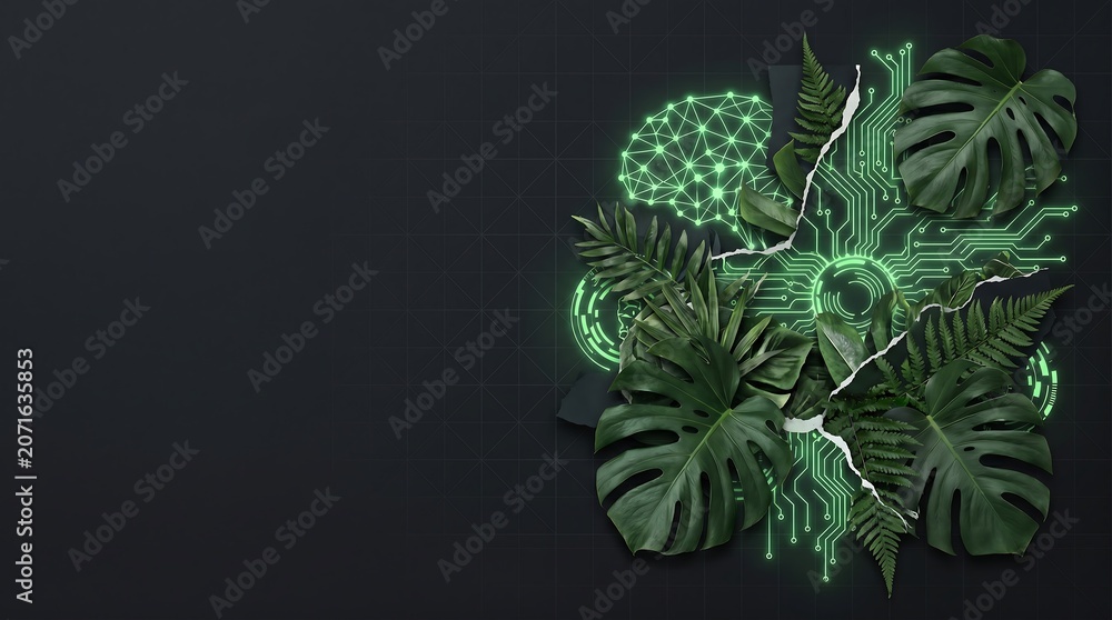 Fototapeta premium AI Neural Network Torn Paper Green Tech Copy Space Background
