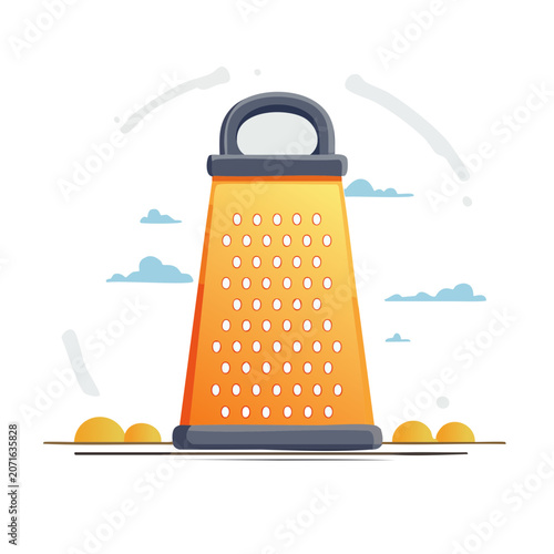Orange kitchen grater with cheese and clouds